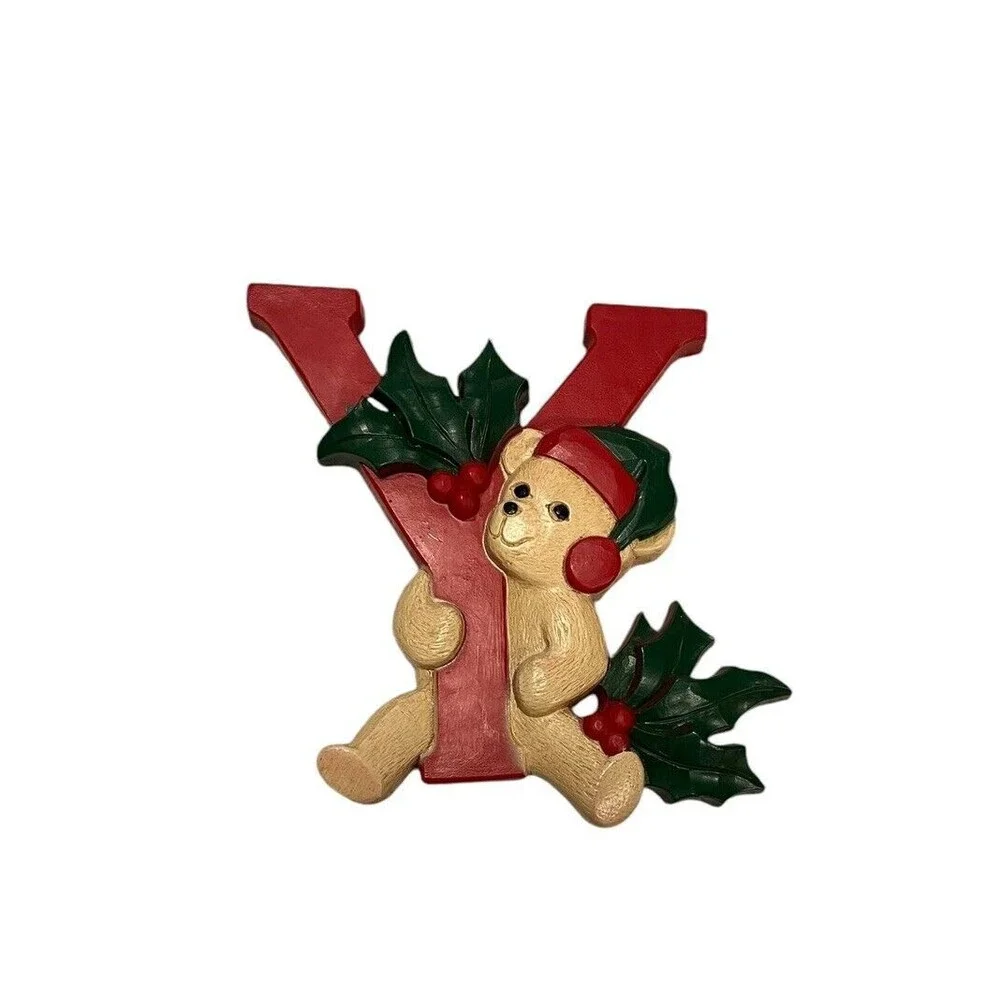 Homco Christmas JOY 3pc Teddy Bears Wall Hanging Decor Holly & Berries  7610 Vtg